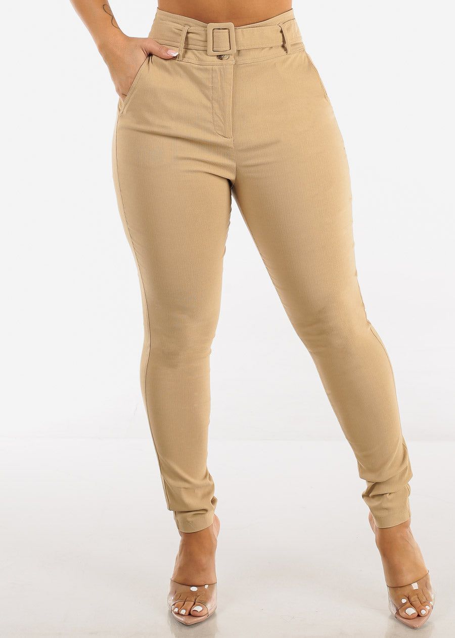 High Waisted Khaki Belted Skinny Pants sold by Moda