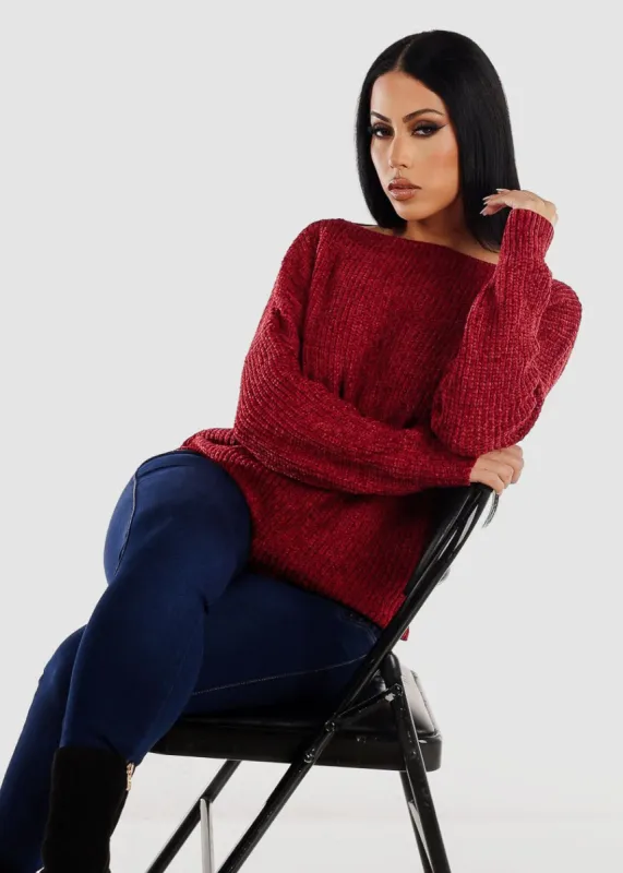 Long Sleeve Soft Knit Boat Neckline Sweater Wine sold by Moda