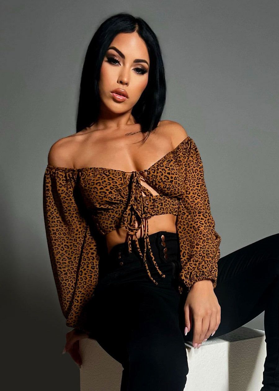 Leopard Lace Up Long Sleeve Crop Top Brown sold by Moda