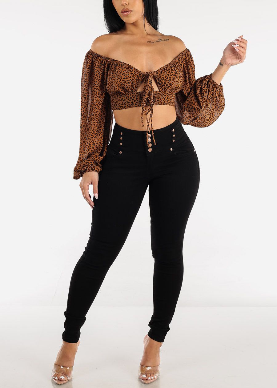 Leopard Lace Up Long Sleeve Crop Top Brown sold by Moda product image thumbnail 2