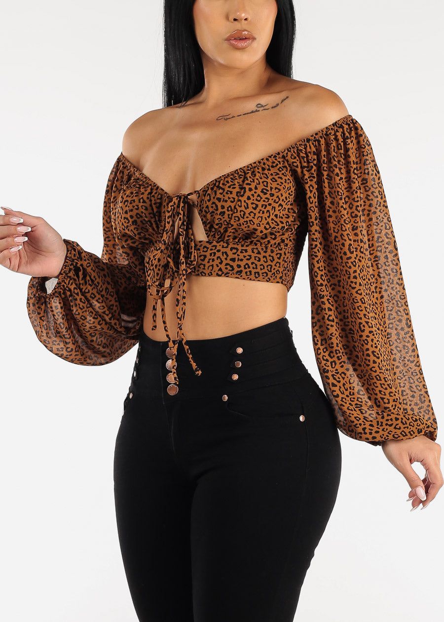 Leopard Lace Up Long Sleeve Crop Top Brown sold by Moda product image thumbnail 3