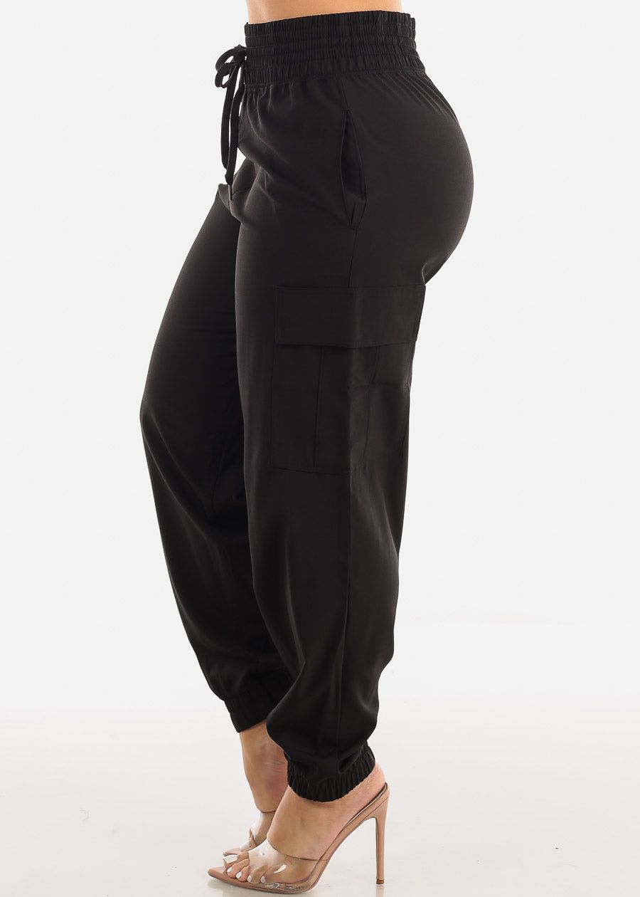 Thick Drawstring Waist Black Cargo Jogger Pants sold by Moda product image thumbnail 3
