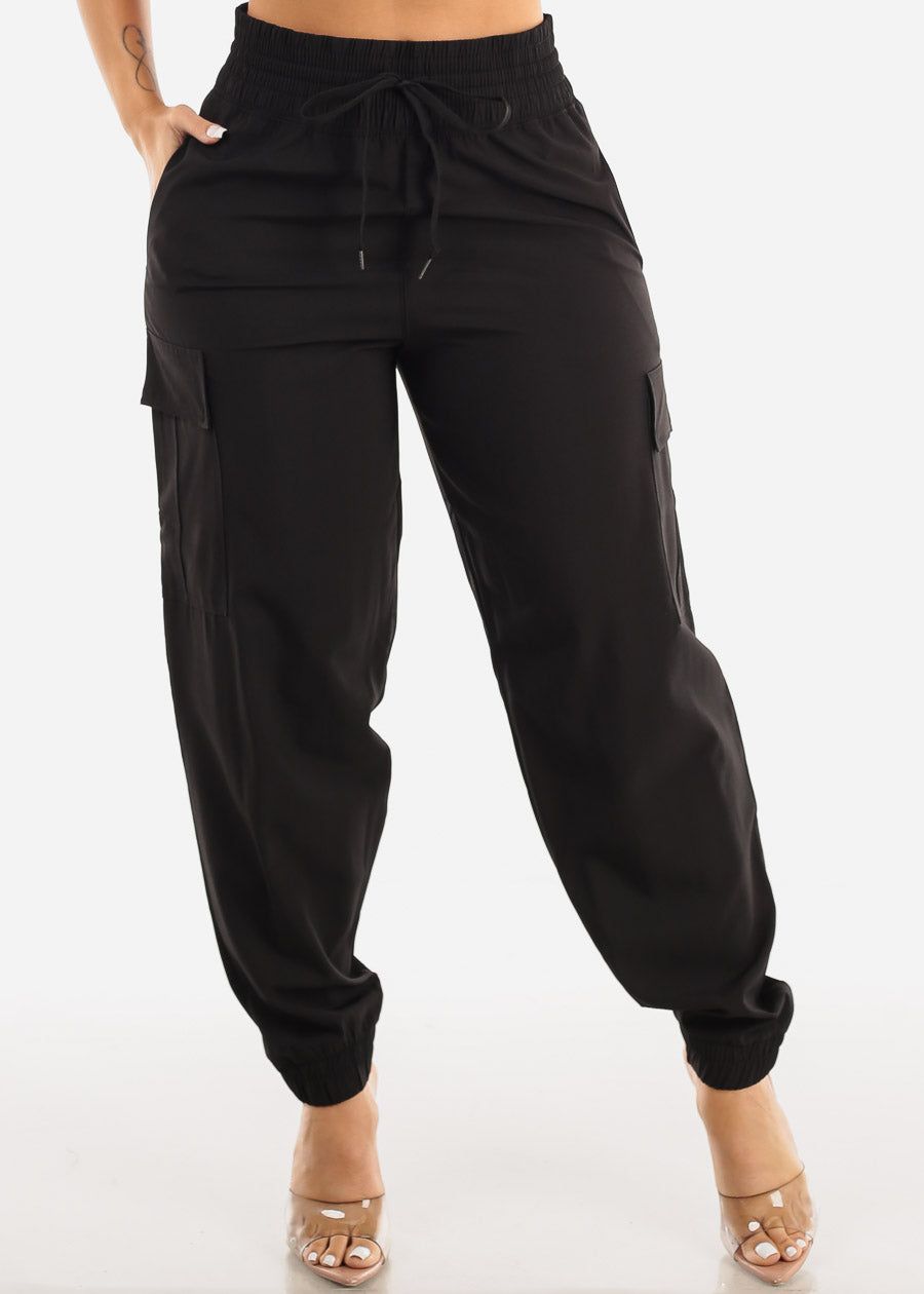 Thick Drawstring Waist Black Cargo Jogger Pants sold by Moda