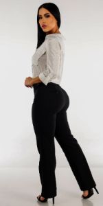 Black Belted Bootcut Dressy Pants with White Long Sleeve Polka Dot Button Down Shirt sold by Moda