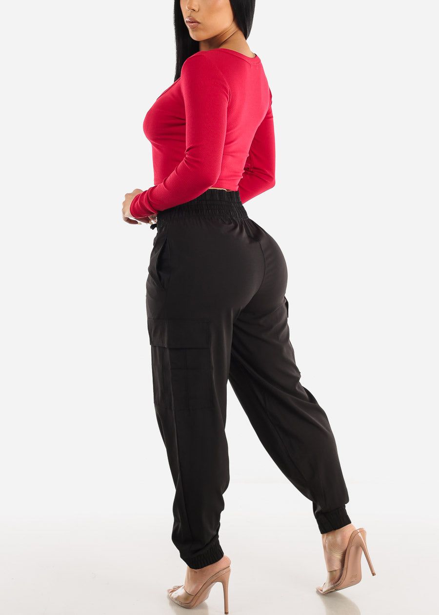 Thick Drawstring Waist Black Cargo Jogger Pants sold by Moda product image thumbnail 5