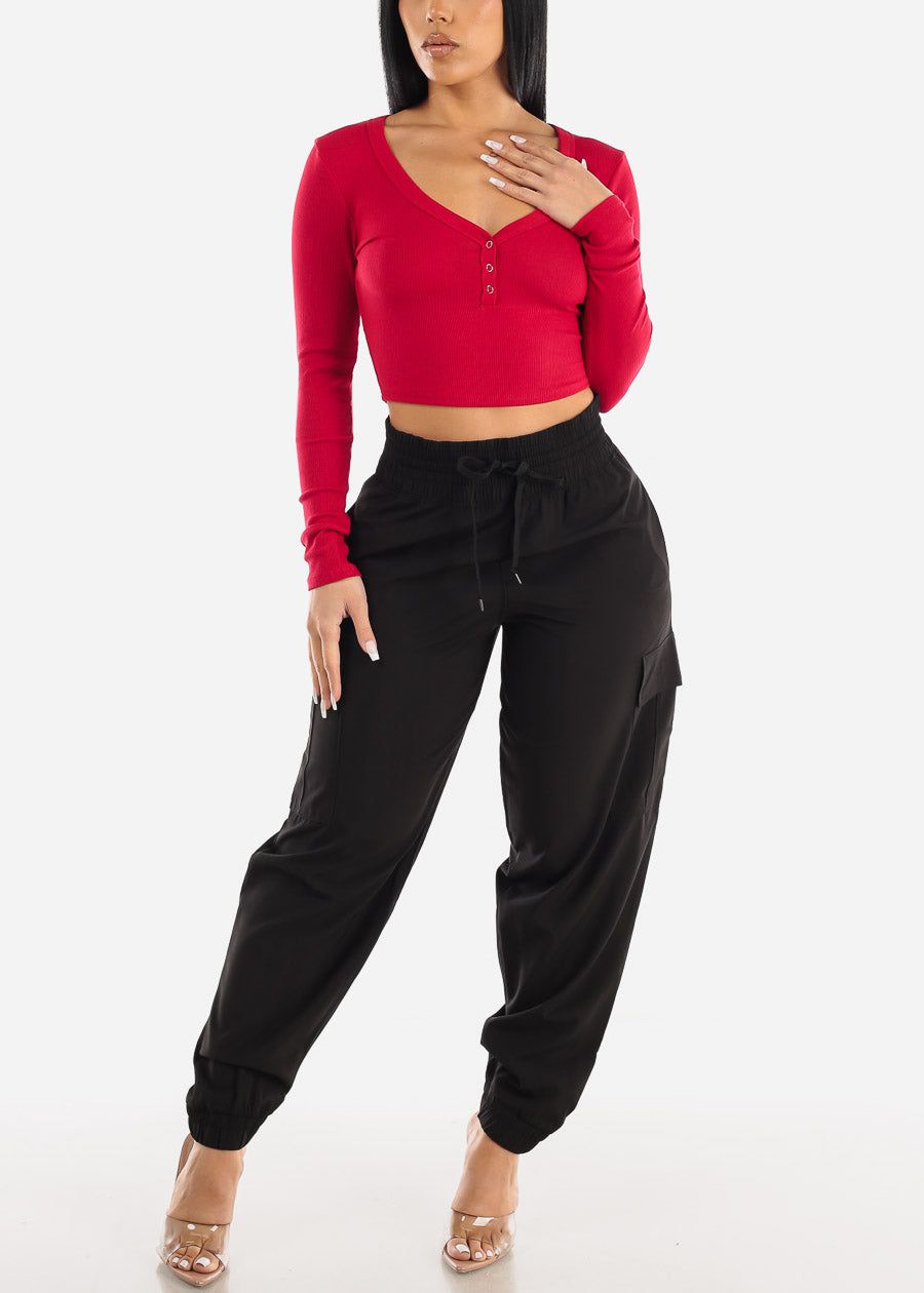 Thick Drawstring Waist Black Cargo Jogger Pants sold by Moda product image thumbnail 2