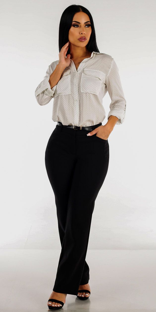Black Belted Bootcut Dressy Pants with White Long Sleeve Polka Dot Button Down Shirt sold by Moda
