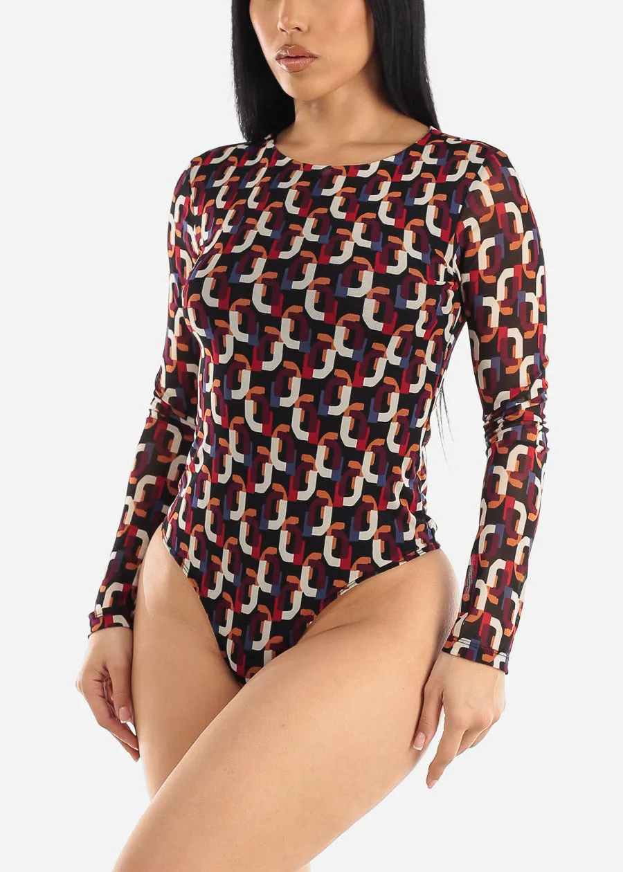 Long Sleeve Printed Mesh Bodysuit Black sold by Moda