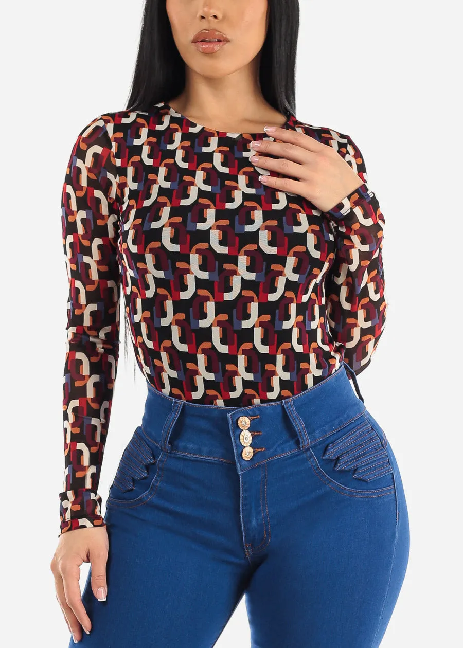 Long Sleeve Printed Mesh Bodysuit Black sold by Moda product image thumbnail 5