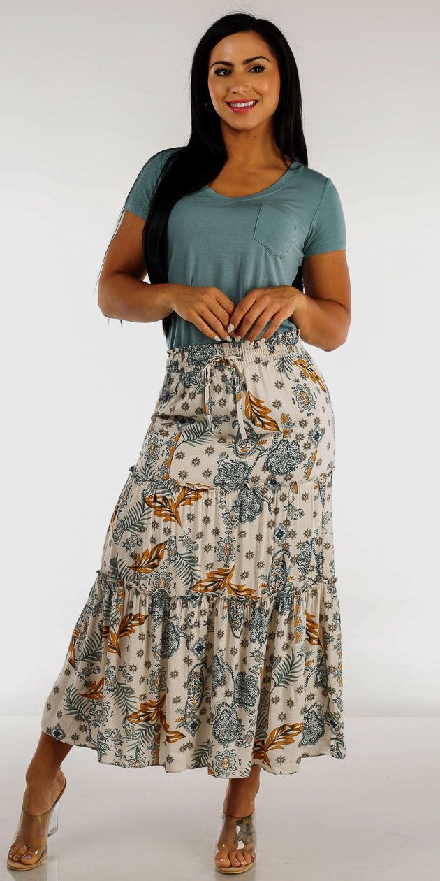 Smocked Waist Floral Maxi Skirt with Short Sleeve Sage Tunic Top sold by Moda product image thumbnail 2
