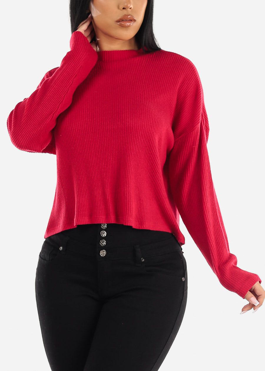 Long Sleeve Mock Neck Hacci Sweater Crop Top Red sold by Moda