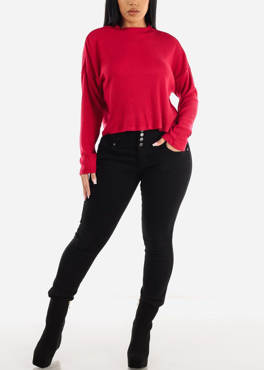 Long Sleeve Mock Neck Hacci Sweater Crop Top Red sold by Moda product image thumbnail 2