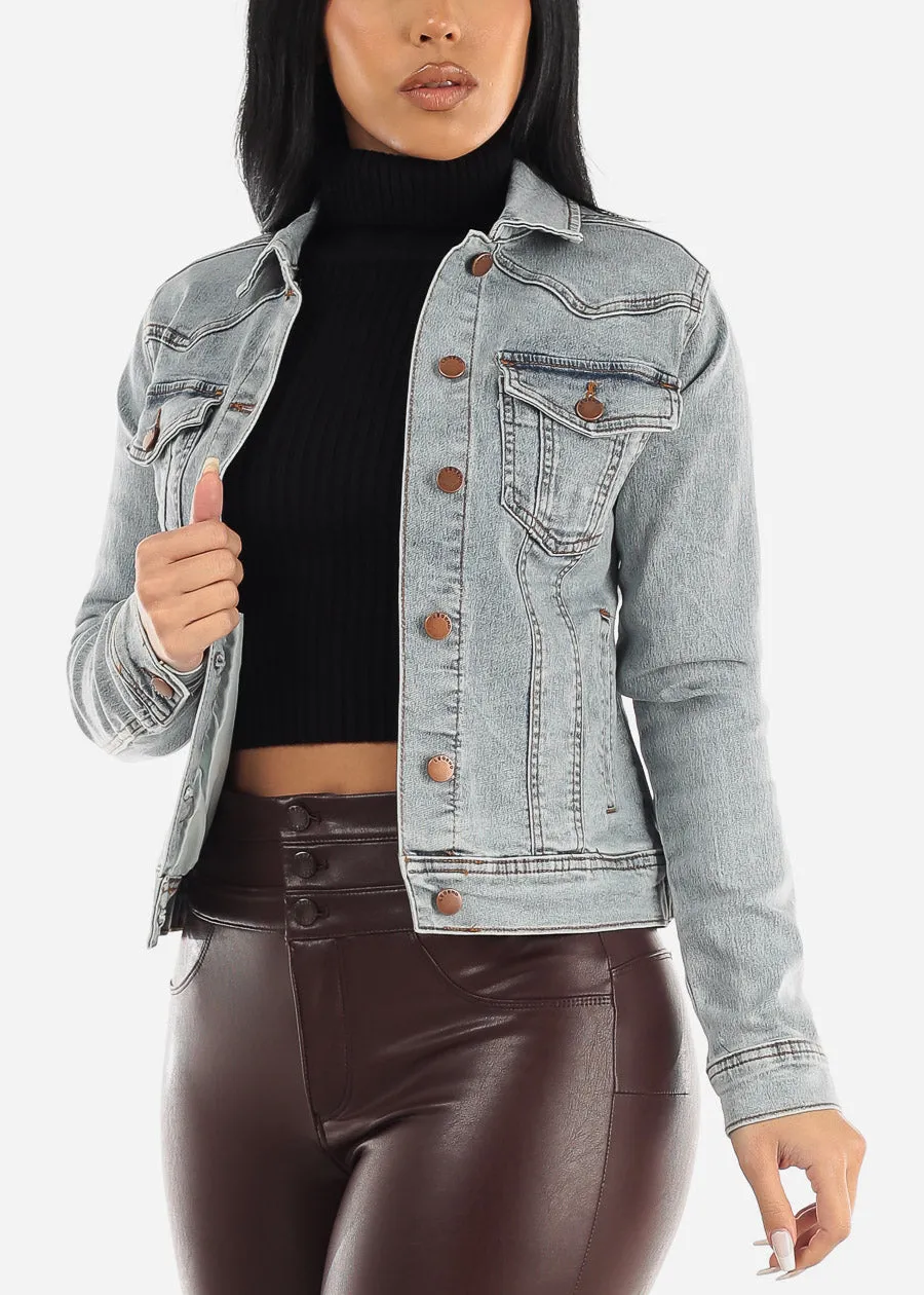 Classic Long Sleeve Button Up Denim Jacket Light Wash sold by Moda