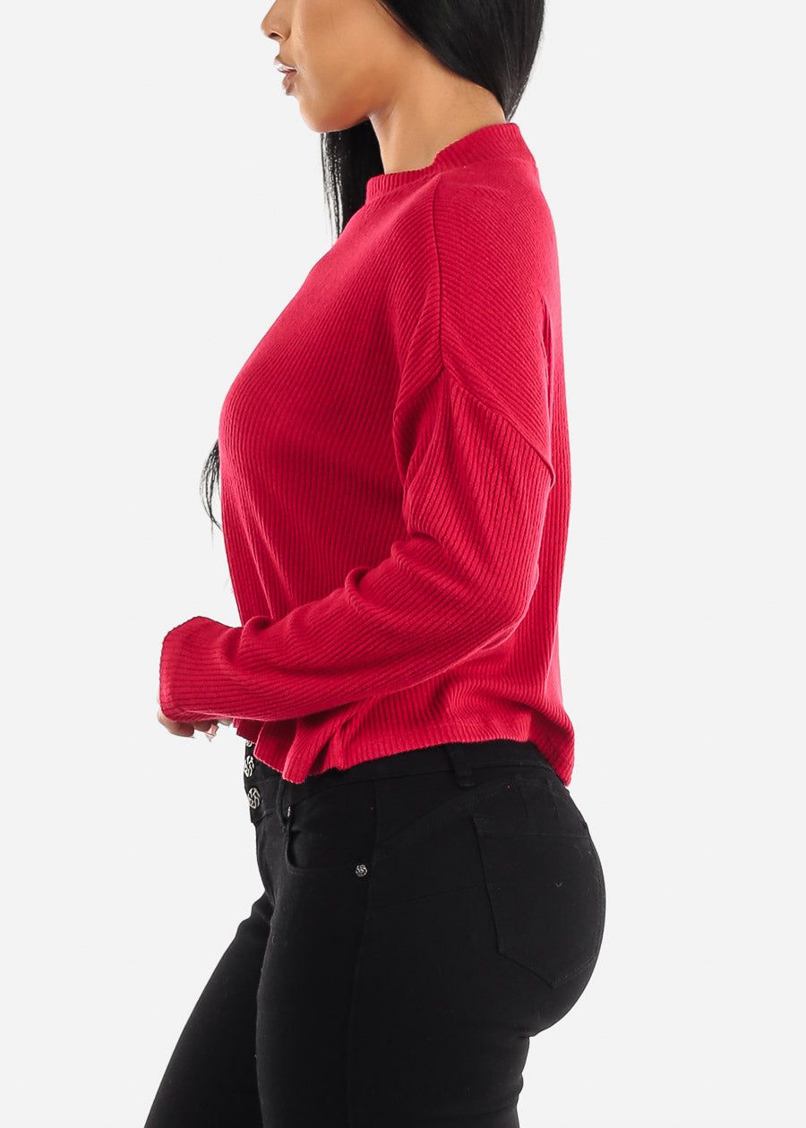 Long Sleeve Mock Neck Hacci Sweater Crop Top Red sold by Moda product image thumbnail 3