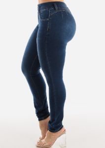 Butt Lifting Mid Rise Dark Denim Skinny Jeans sold by Moda