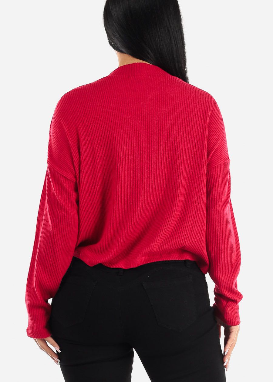 Long Sleeve Mock Neck Hacci Sweater Crop Top Red sold by Moda product image thumbnail 4