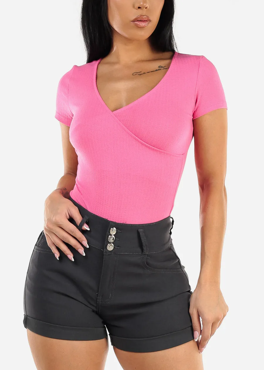 Short Sleeve Surplice Ribbed Top Pink sold by Moda