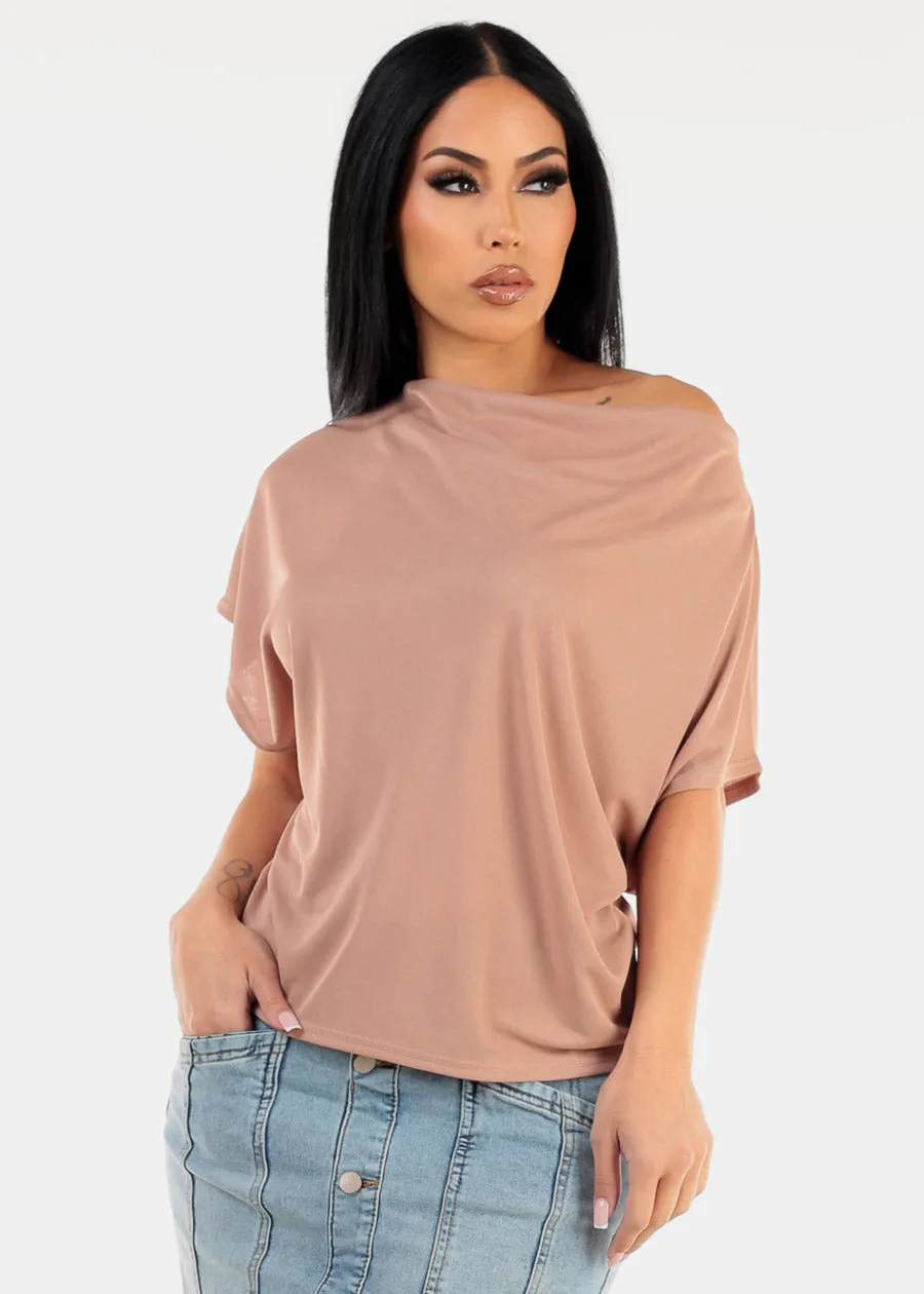 Asymmetrical Neckline Top Taupe sold by Moda
