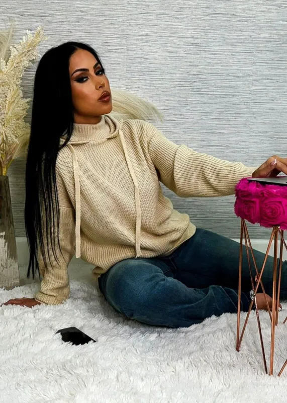 Hooded Long Sleeve Knit Sweater Beige sold by Moda
