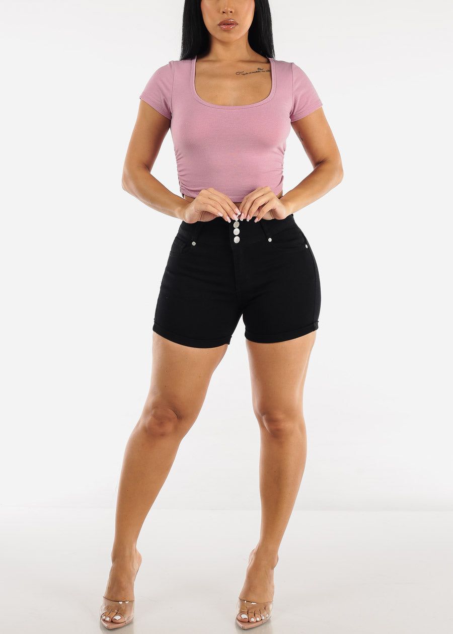 Black High Waisted Butt Lifting Cuffed Denim Shorts sold by Moda product image thumbnail 2