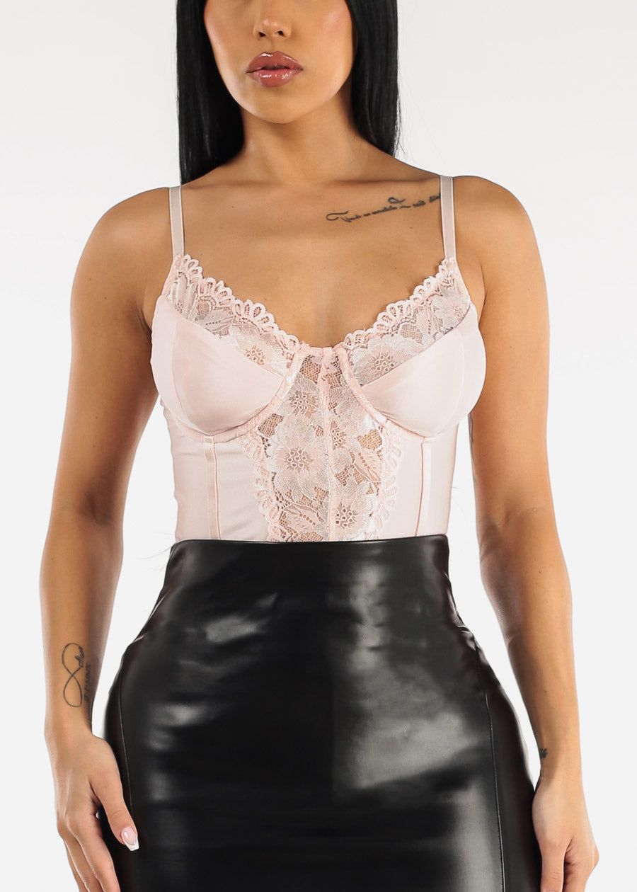 Sweetheart Lace Cami Thong Bodysuit Light Pink sold by Moda