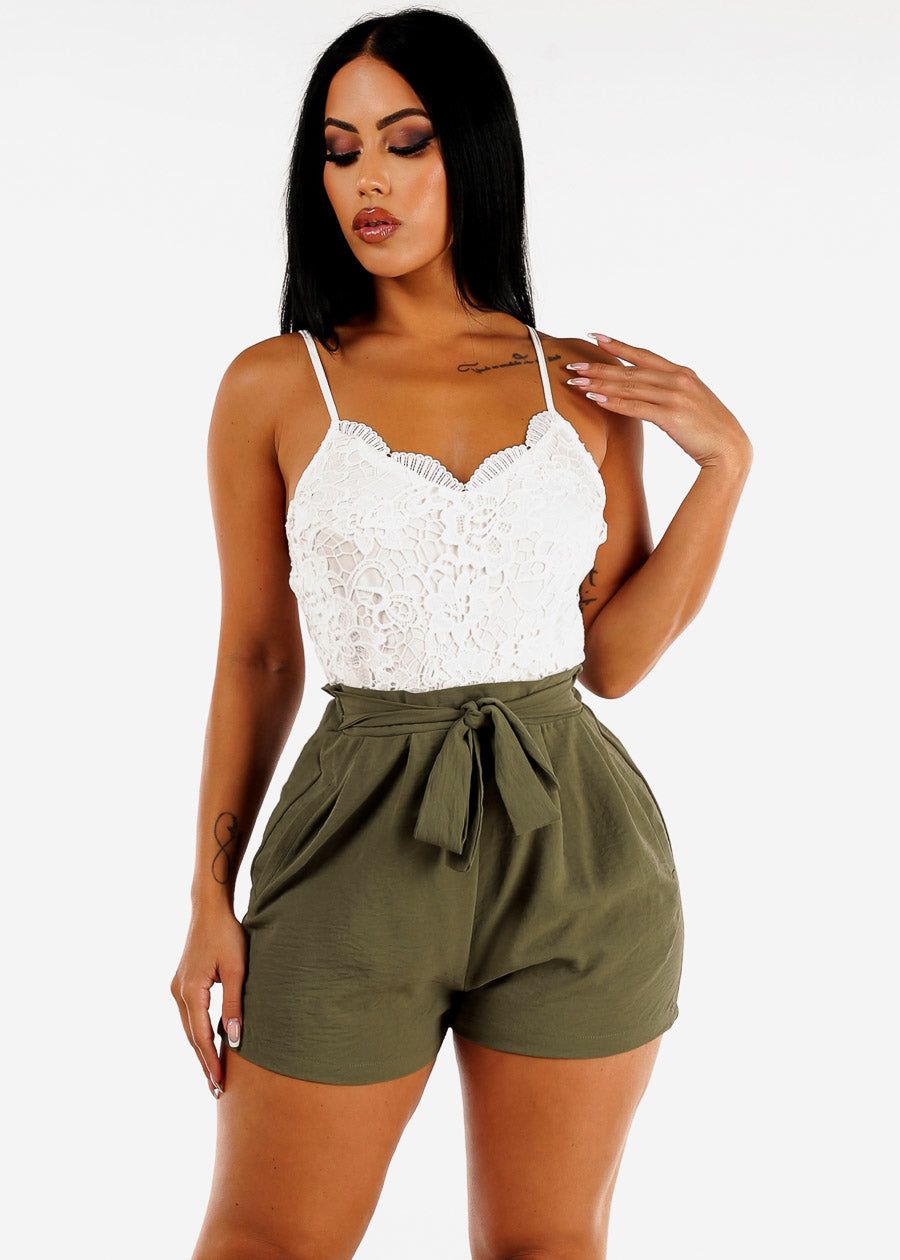 Floral Lace Vneck Cami Romper Olive w Pockets sold by Moda