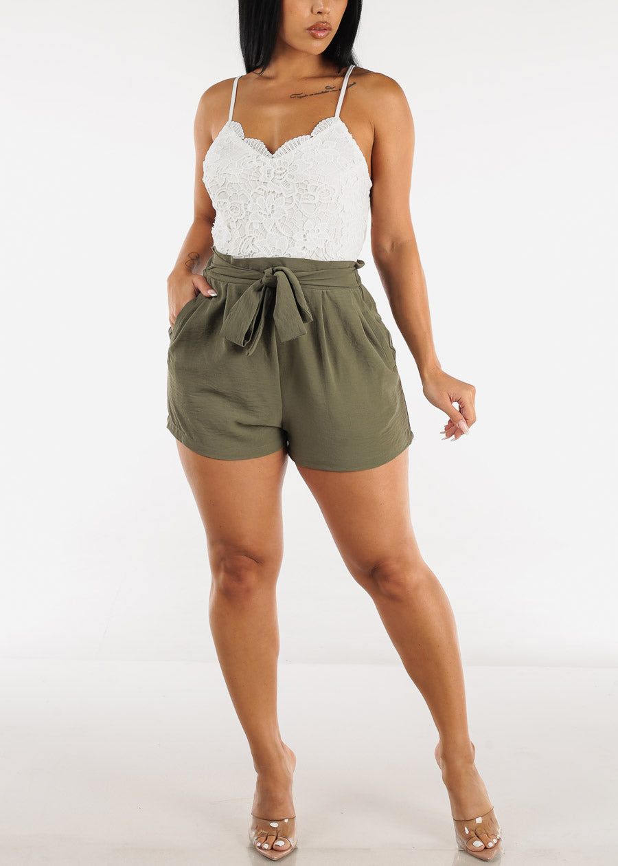 Floral Lace Vneck Cami Romper Olive w Pockets sold by Moda product image thumbnail 2