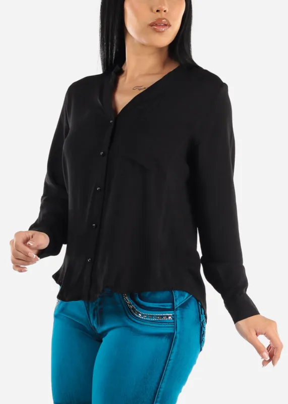 Black Vneck Long Sleeve Button Down Shirt sold by Moda