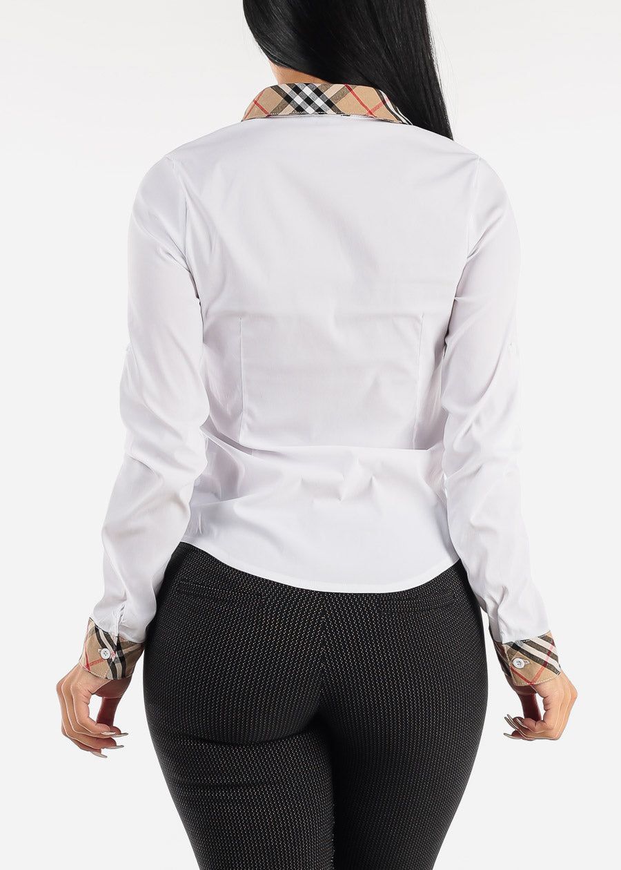 Long Sleeve White Button Up Shirt w Plaid Trim sold by Moda product image thumbnail 4