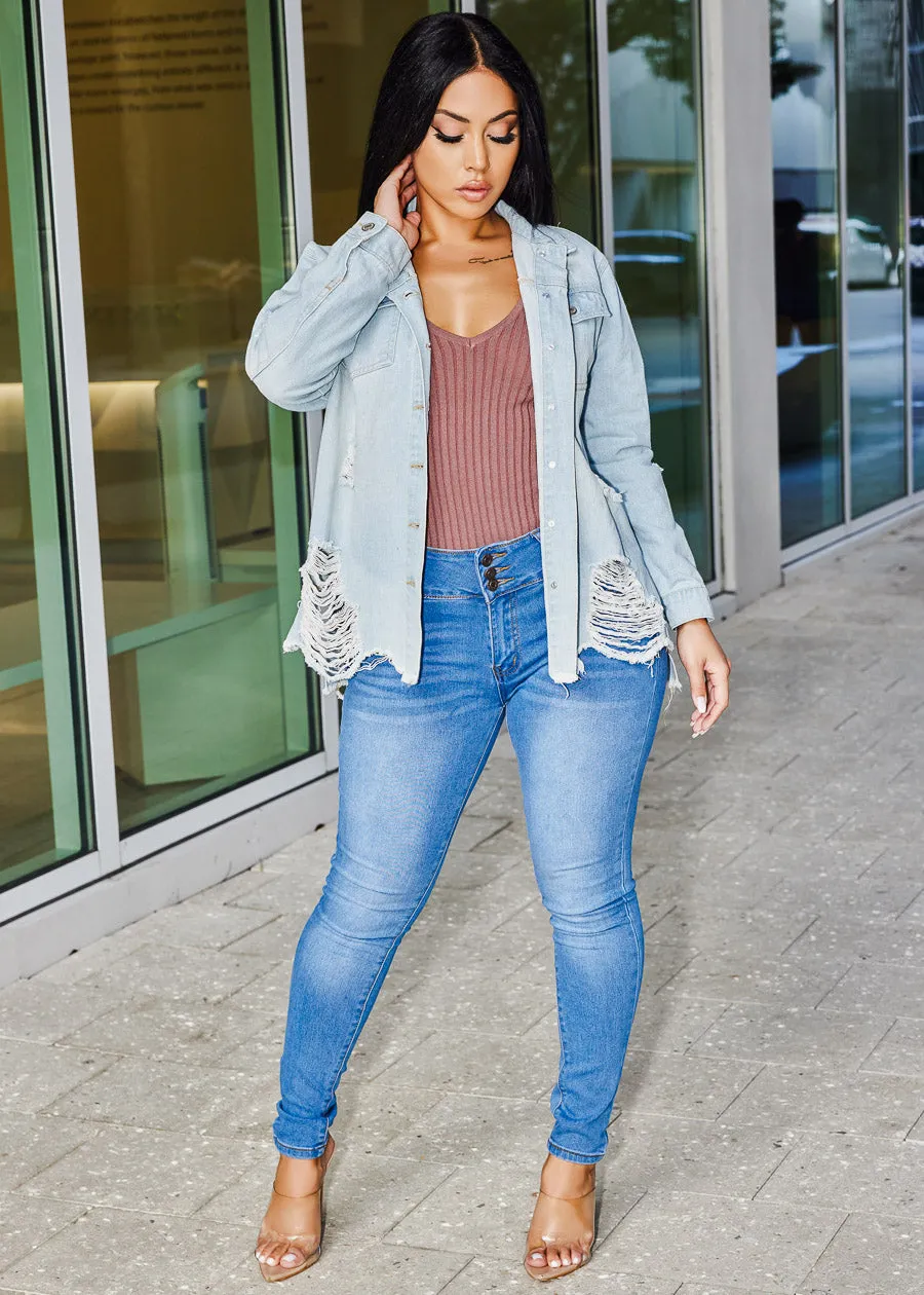 Levantacola High Waisted Skinny Jeans Med Blue w Bow Design sold by Moda product image thumbnail 3