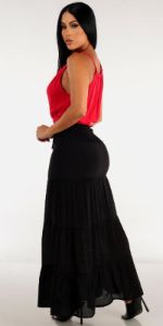 Black Smocked Waist Tiered Maxi Skirt with Red Halter Strap Neck Crop Top sold by Moda