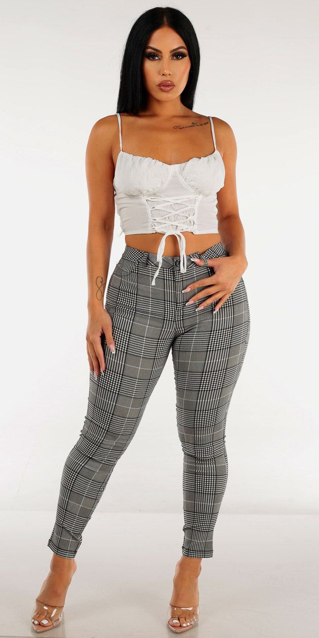 High Rise Black Plaid Skinny Pants with Sleeveless Lace Up White Crop Top sold by Moda