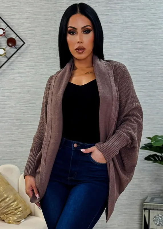 Long Dolman Sleeve Knitted Cardigan Brown sold by Moda