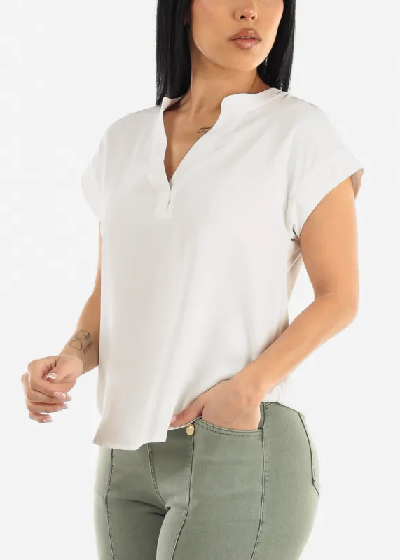 White Short Sleeve Vneck Blouse sold by Moda