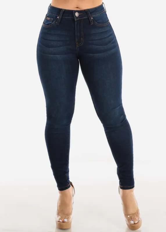 Classic Mid Rise Stretchy Whiskered Dark Skinny Jeans sold by Moda