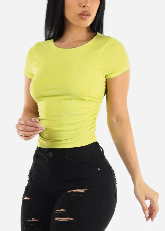 Short Sleeve Crewneck Ruched Top Neon Yellow sold by Moda