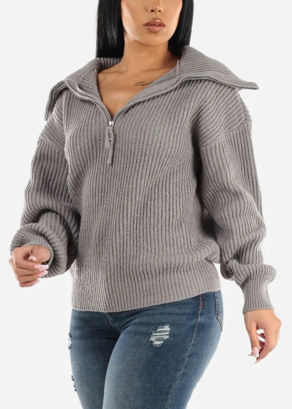 Zip Up Turtleneck Knit Stretch Sweater Grey sold by Moda