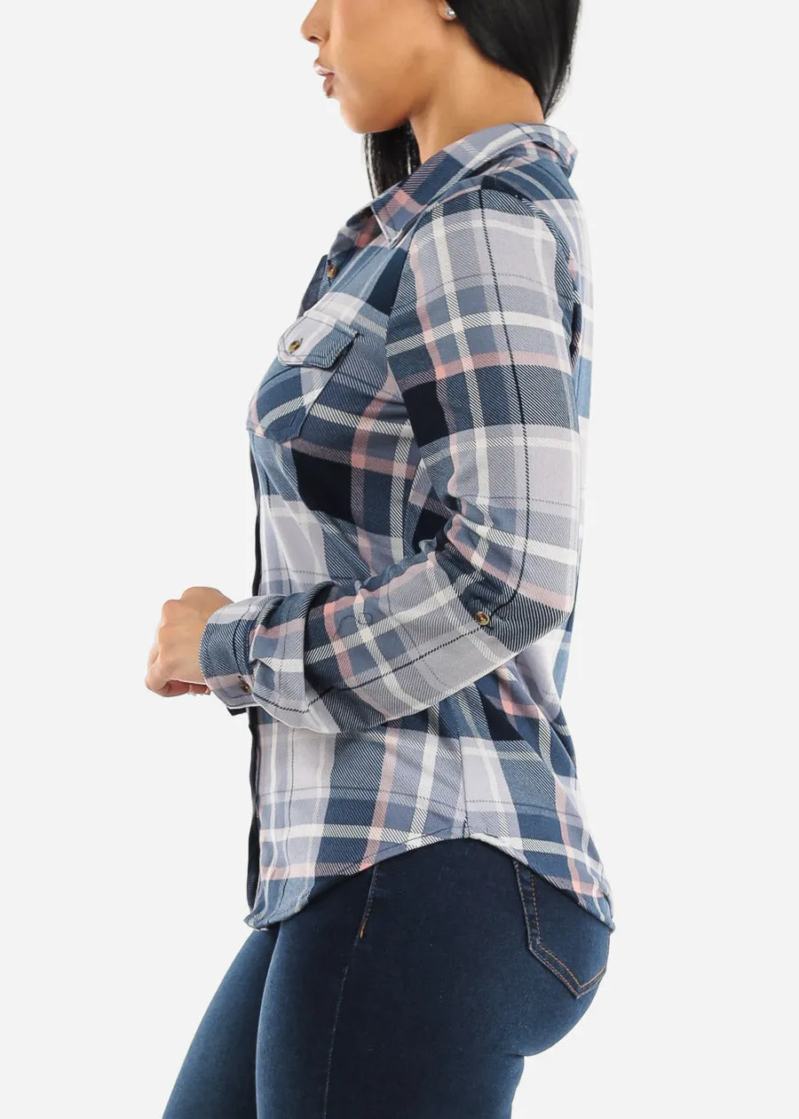 Long Sleeve Button Up Plaid Shirt Blue & Pink sold by Moda product image thumbnail 3