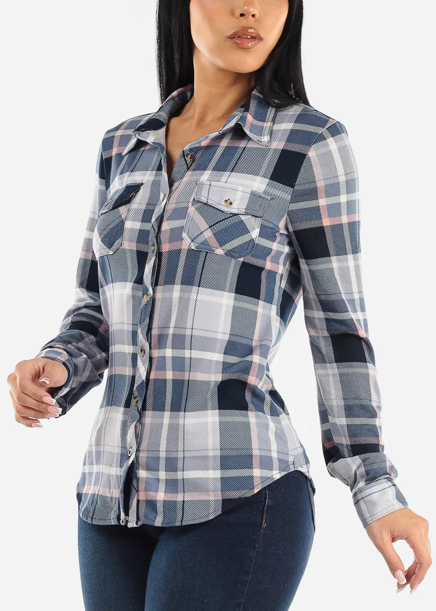 Long Sleeve Button Up Plaid Shirt Blue & Pink sold by Moda