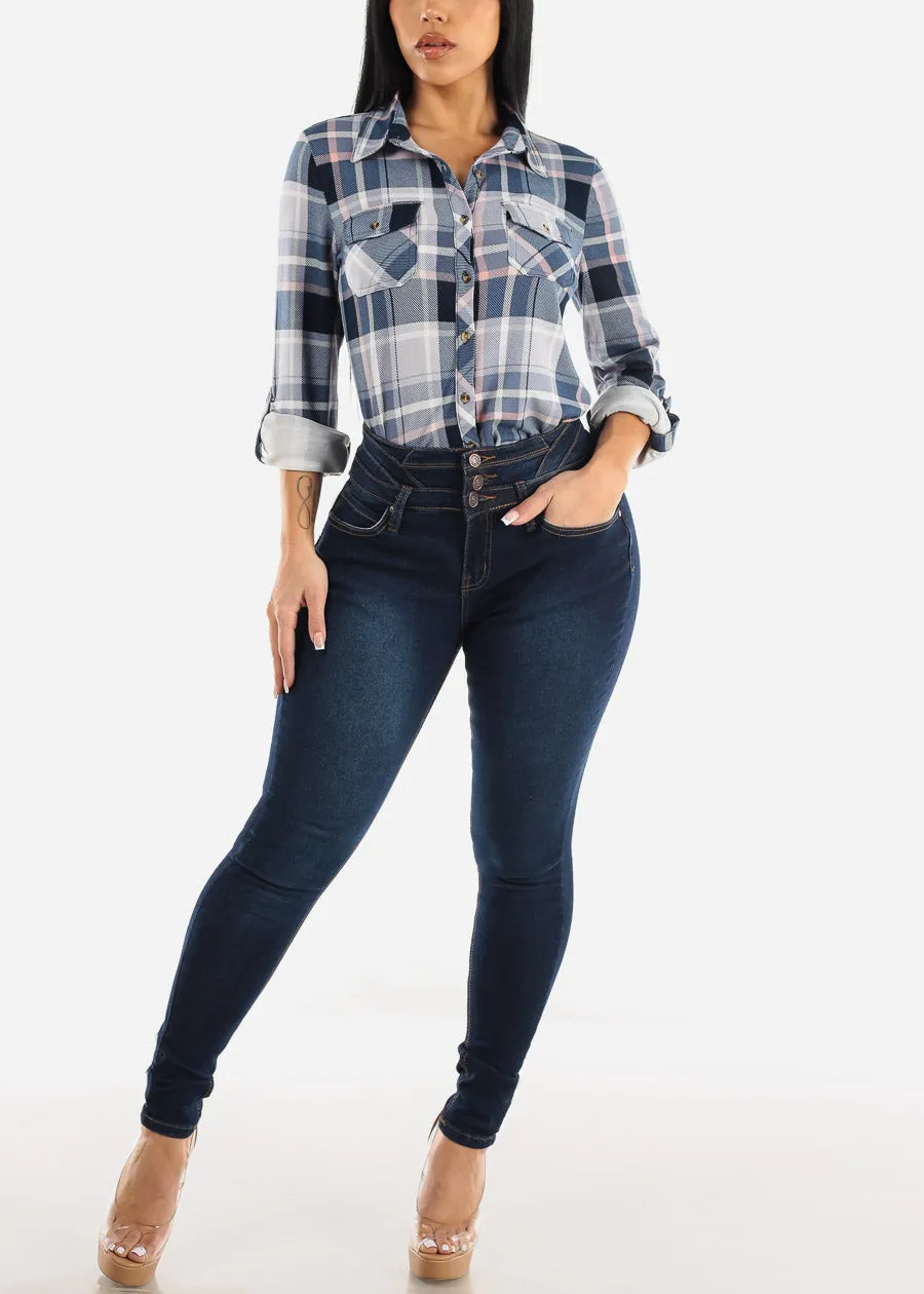 Long Sleeve Button Up Plaid Shirt Blue & Pink sold by Moda product image thumbnail 2