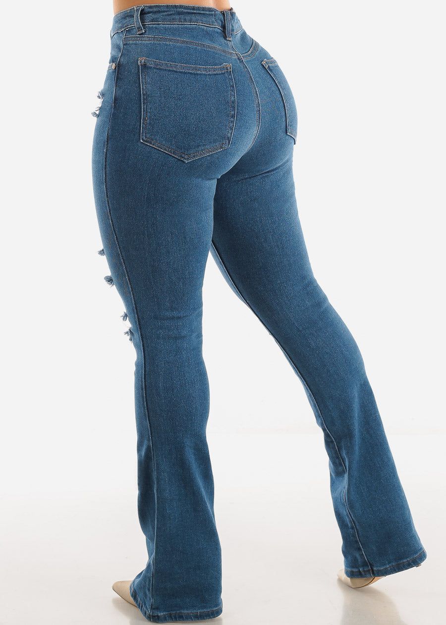 Distressed High Waisted Flared Jeans Med Blue sold by Moda product image thumbnail 4