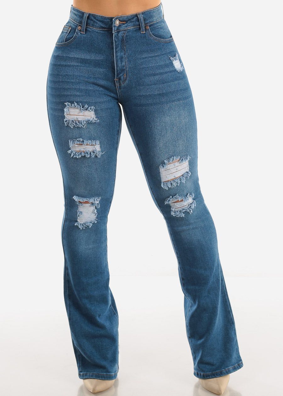 Distressed High Waisted Flared Jeans Med Blue sold by Moda