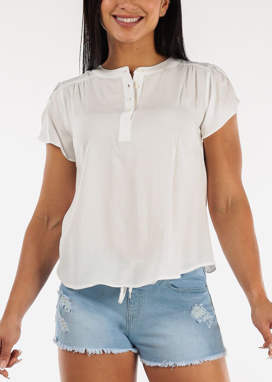 White Short Sleeve Half Button Up Blouse sold by Moda product image thumbnail 5
