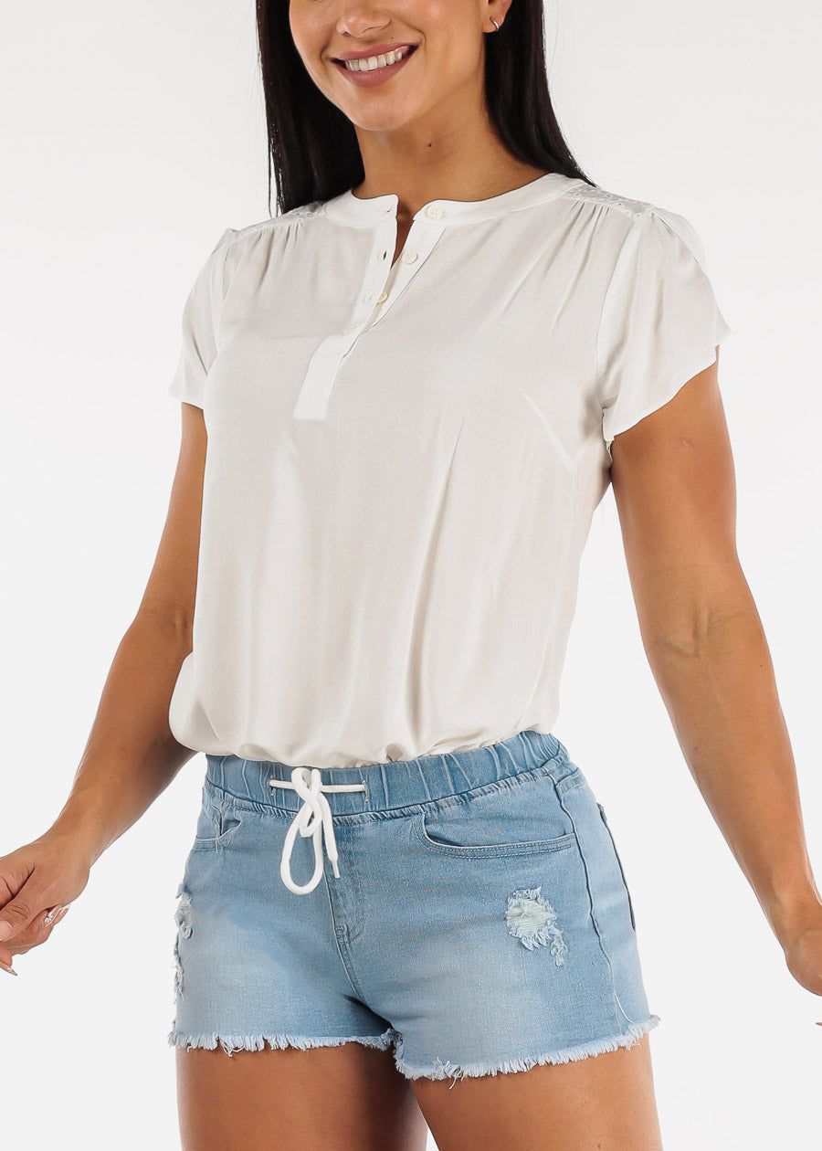 White Short Sleeve Half Button Up Blouse sold by Moda