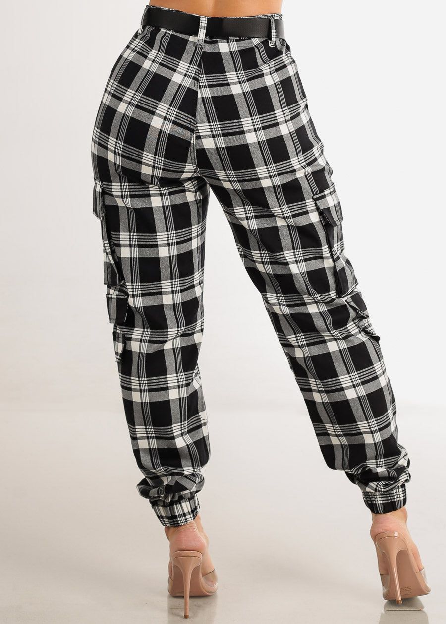 Belted High Waist Plaid Cargo Jogger Pants Black & White sold by Moda product image thumbnail 4