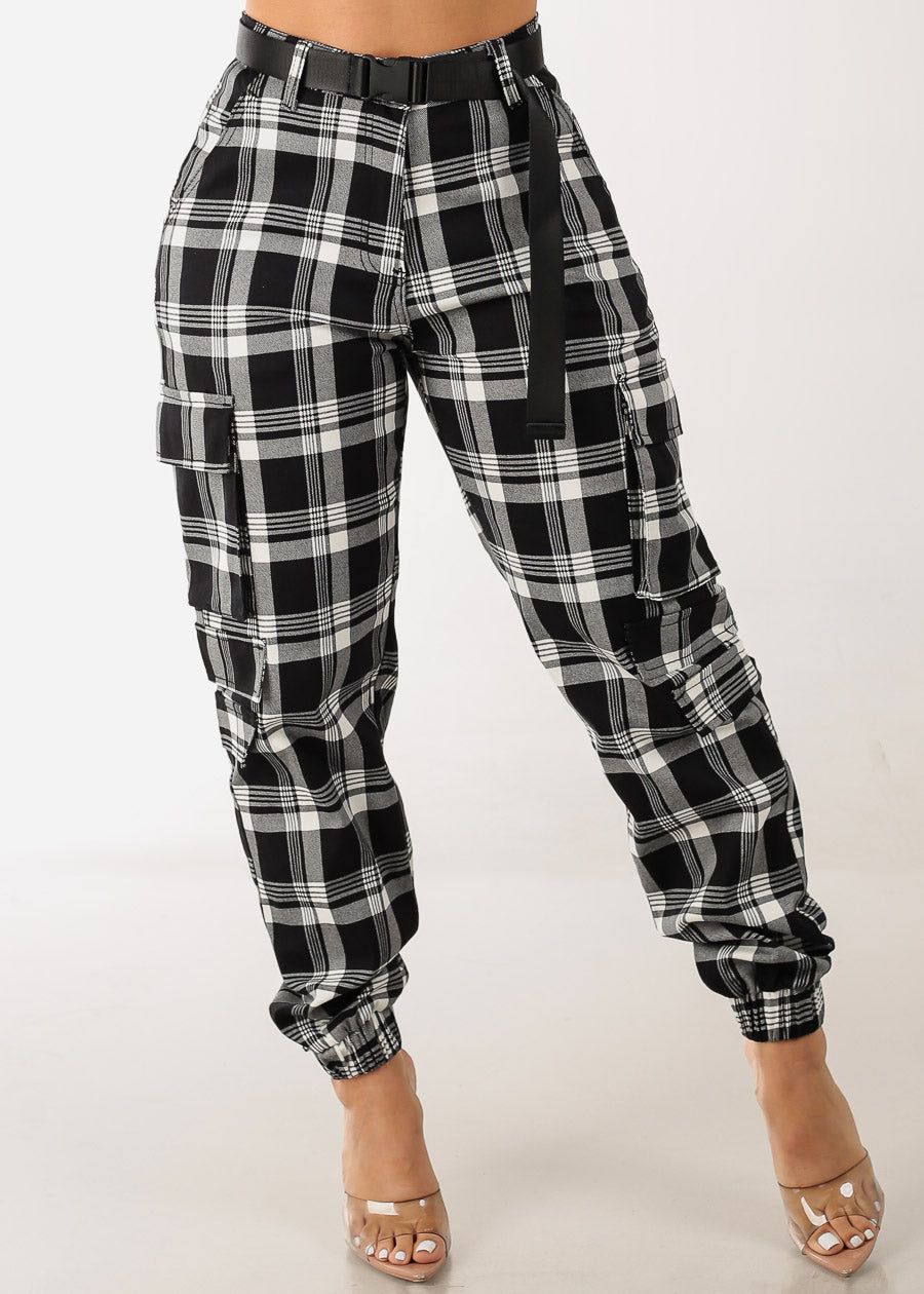 Belted High Waist Plaid Cargo Jogger Pants Black & White sold by Moda
