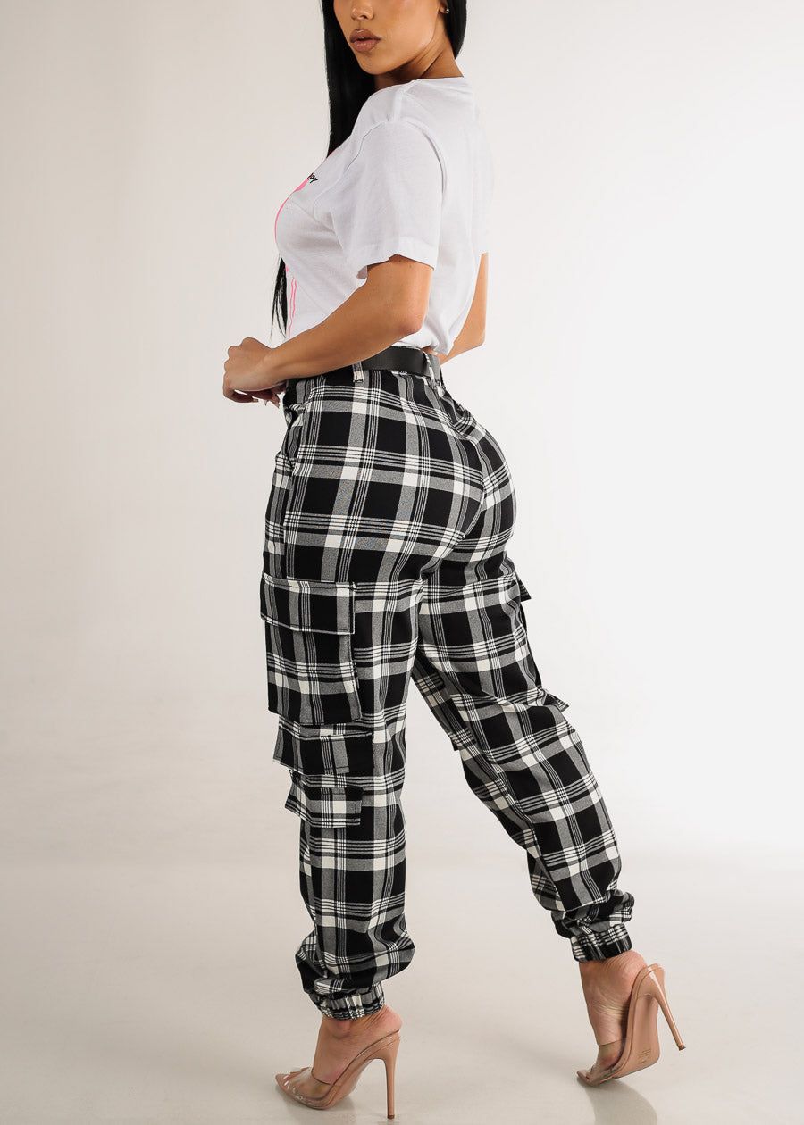 Belted High Waist Plaid Cargo Jogger Pants Black & White sold by Moda product image thumbnail 5