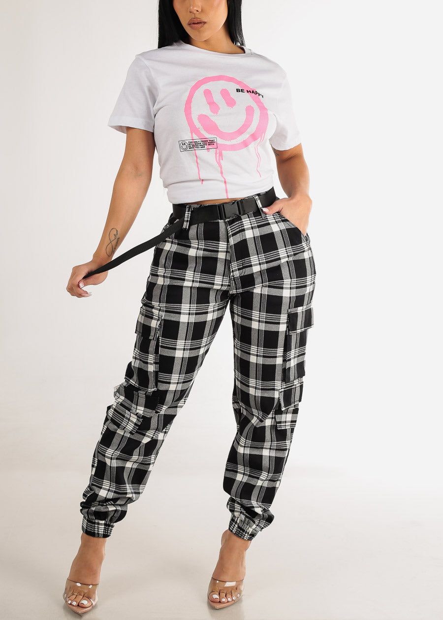 Belted High Waist Plaid Cargo Jogger Pants Black & White sold by Moda product image thumbnail 2