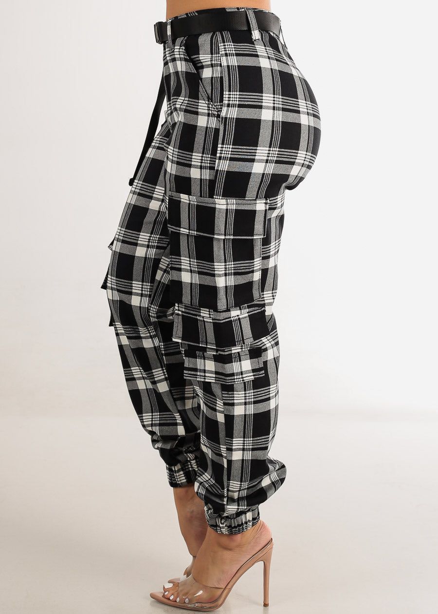 Belted High Waist Plaid Cargo Jogger Pants Black & White sold by Moda product image thumbnail 3