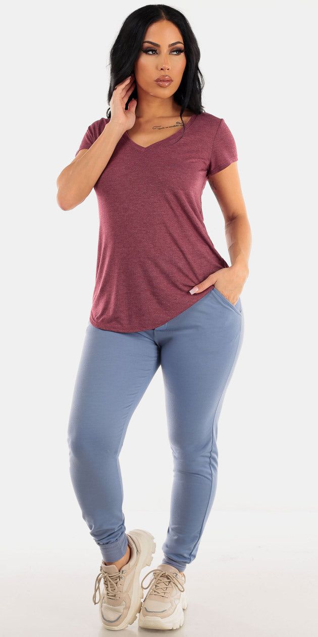 High Waisted Blue Jogger Pants with Short Sleeve Burgundy Vneck Top sold by Moda
